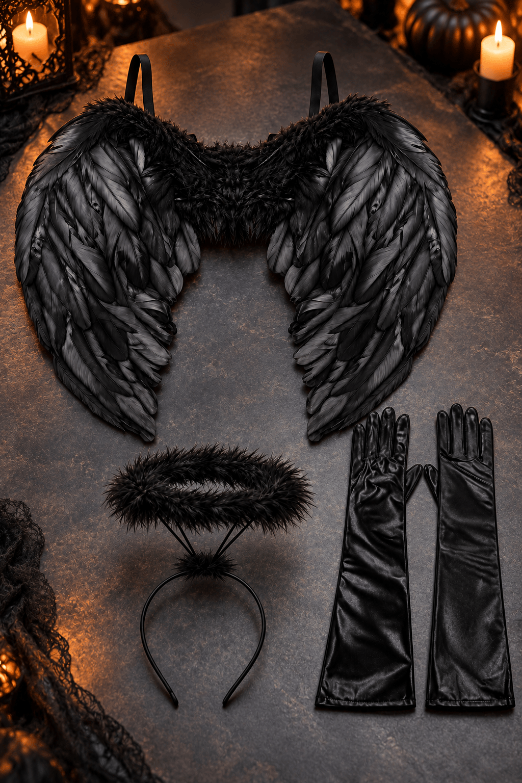 Halloween Siyah 60X45 melek kanadı+siyah hareli melek tacı+Siyah saten uzun eldiven