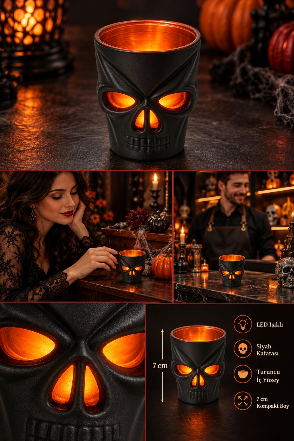 Halloween Siyah Led Işıklı Kuru Kafa Bardak Kafatası Tasarımlı