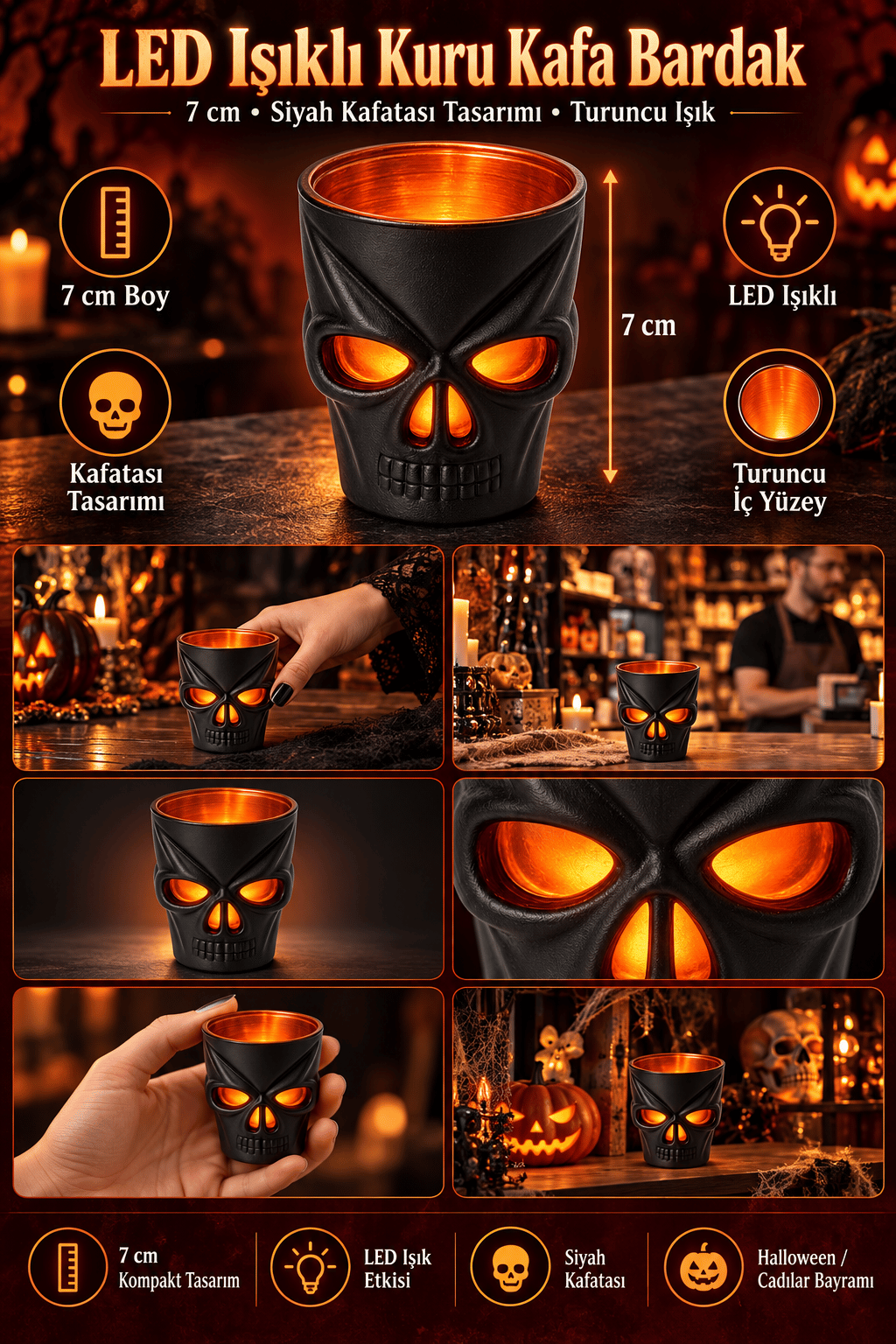 Halloween Siyah Led Işıklı Kuru Kafa Bardak Kafatası Tasarımlı