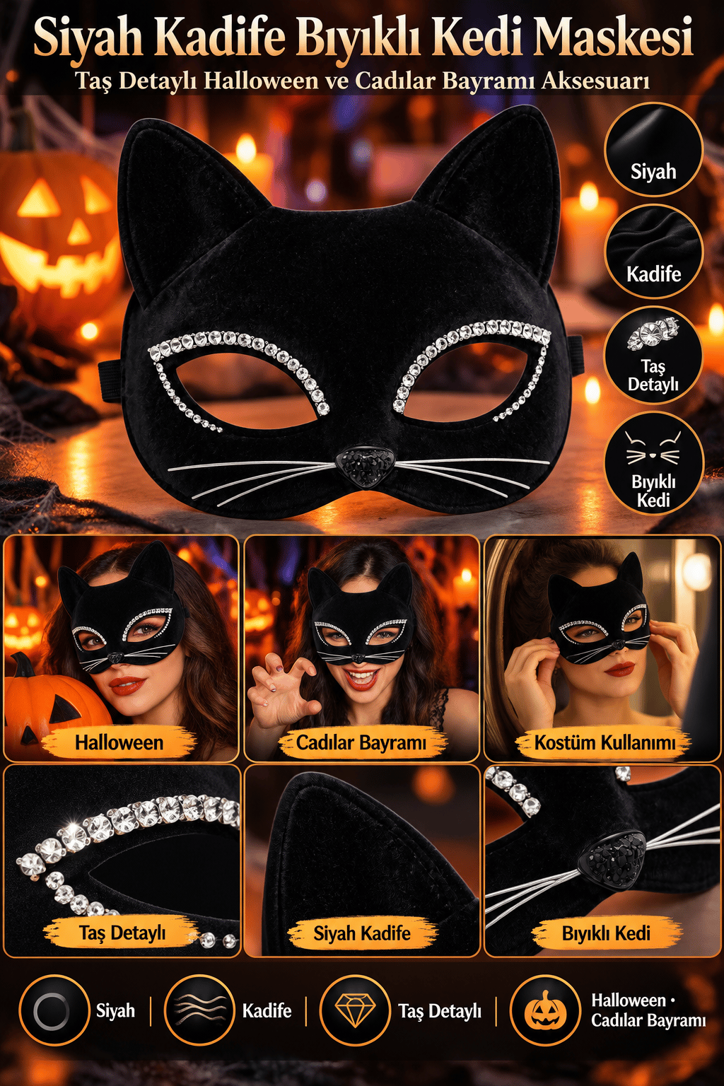 Halloween Siyah Taşlı Kadife Bıyıklı Kedi Maske Cadılar Bayramı