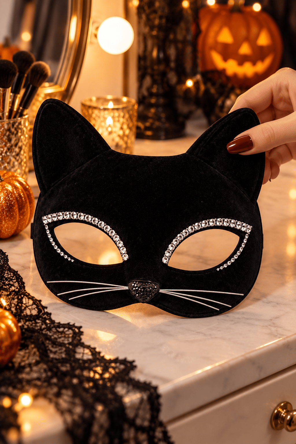 Halloween Siyah Taşlı Kadife Bıyıklı Kedi Maske Cadılar Bayramı