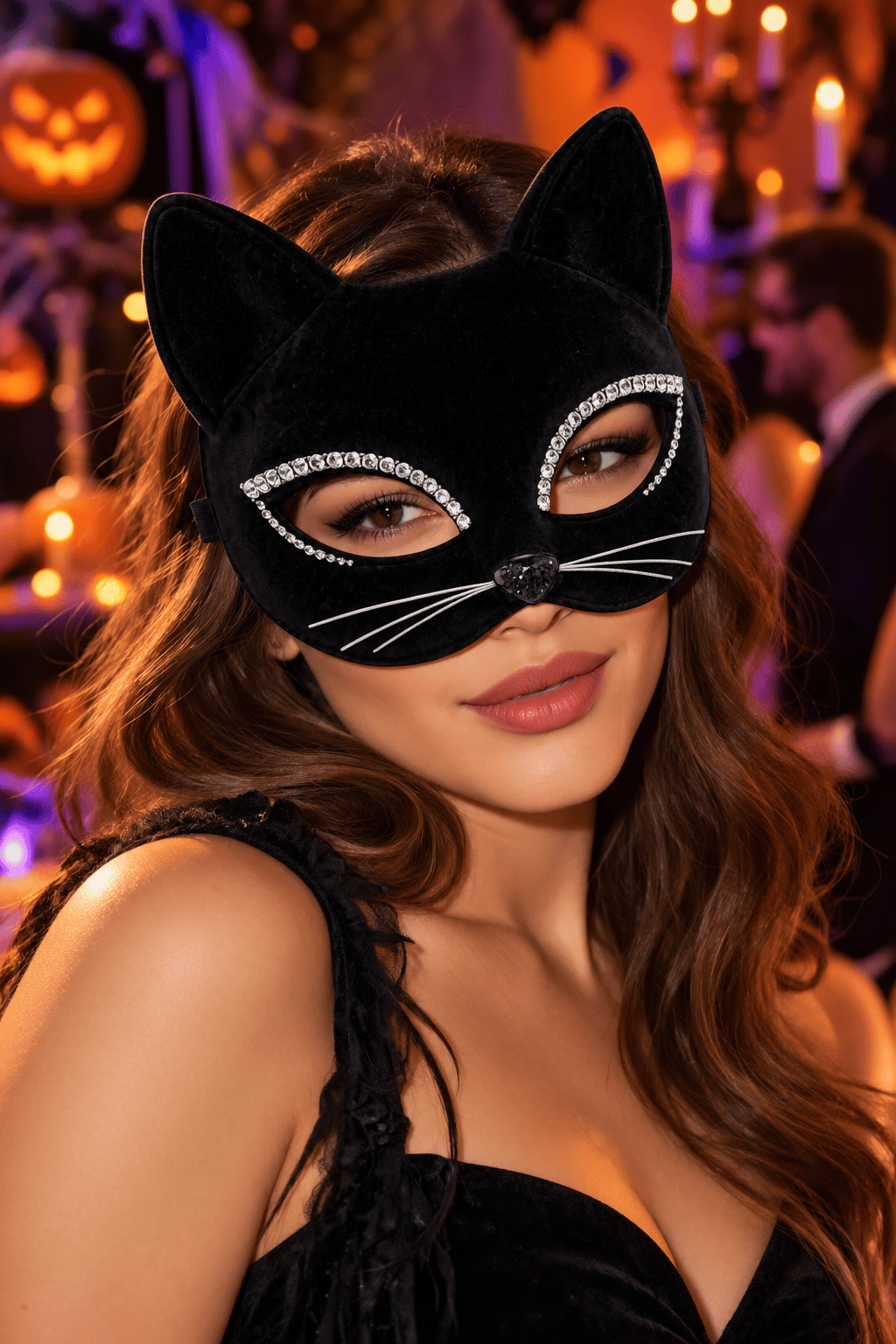 Halloween Siyah Taşlı Kadife Bıyıklı Kedi Maske Cadılar Bayramı