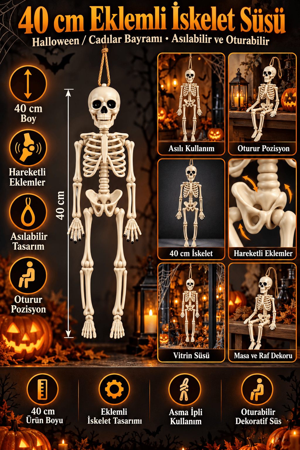 Halloween Süsü 40 Cm Asılabilir İskelet  Dekoratif Korku Parti Süsü