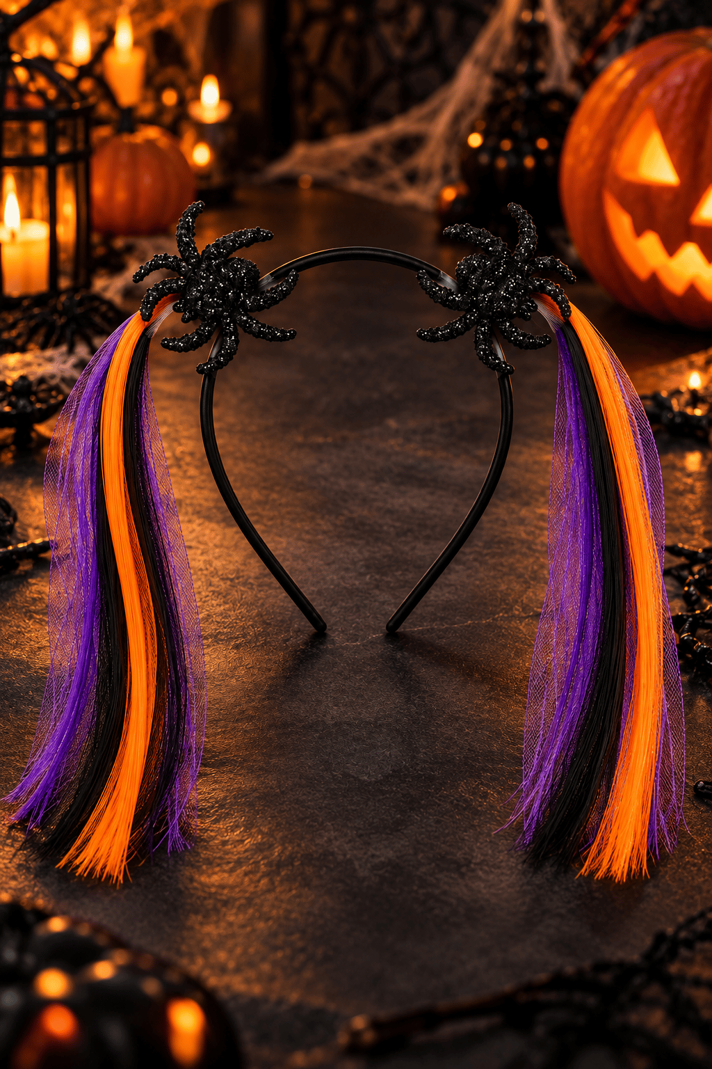 Halloween Taç Saçlı Siyah Turuncu Mor örümcek Cadılar Bayramı
