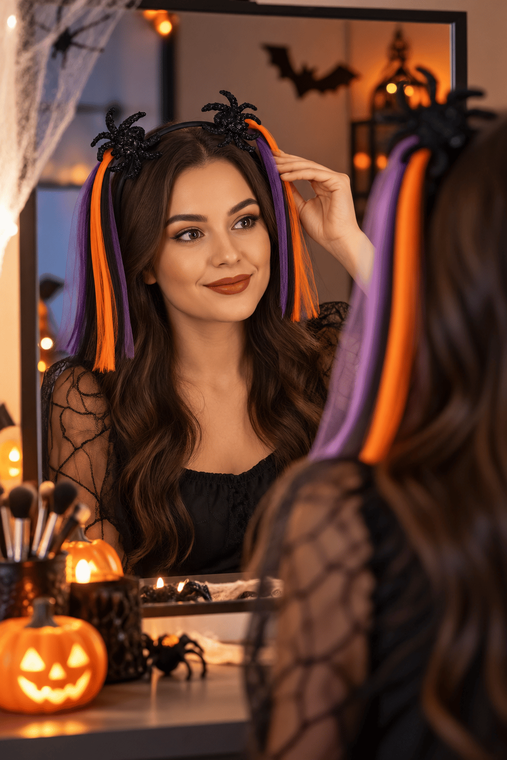 Halloween Taç Saçlı Siyah Turuncu Mor örümcek Cadılar Bayramı