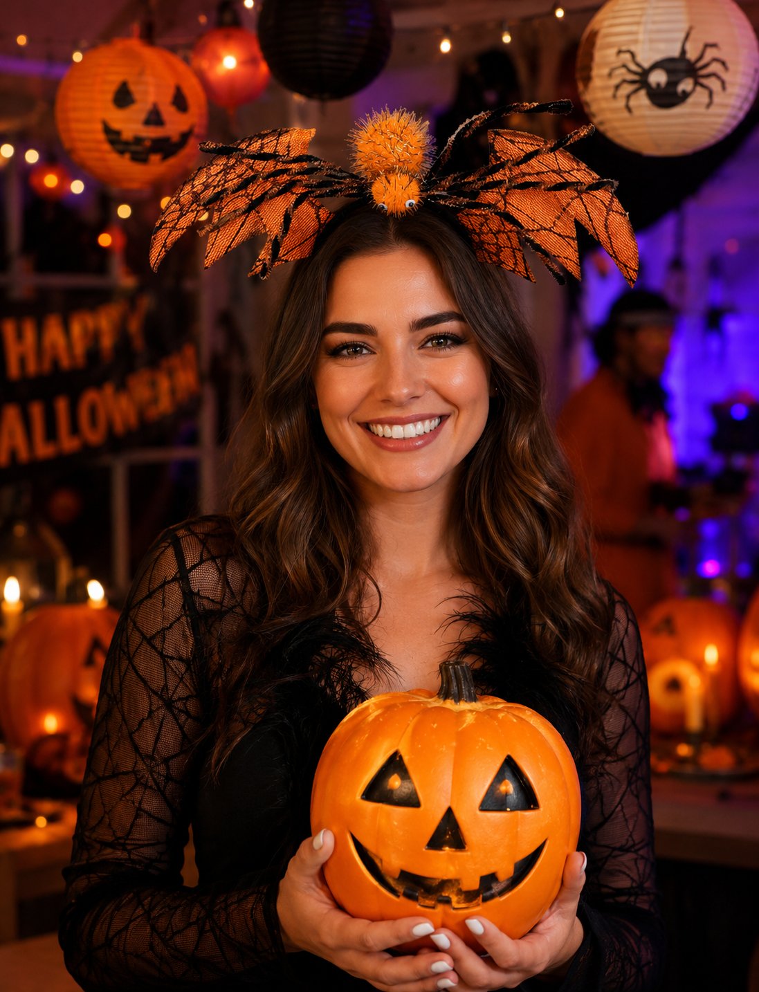 Halloween Taç Turuncu Yarasa Kanatlı örümcekli