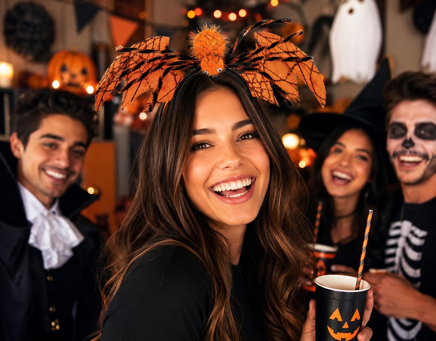 Halloween Taç Turuncu Yarasa Kanatlı örümcekli