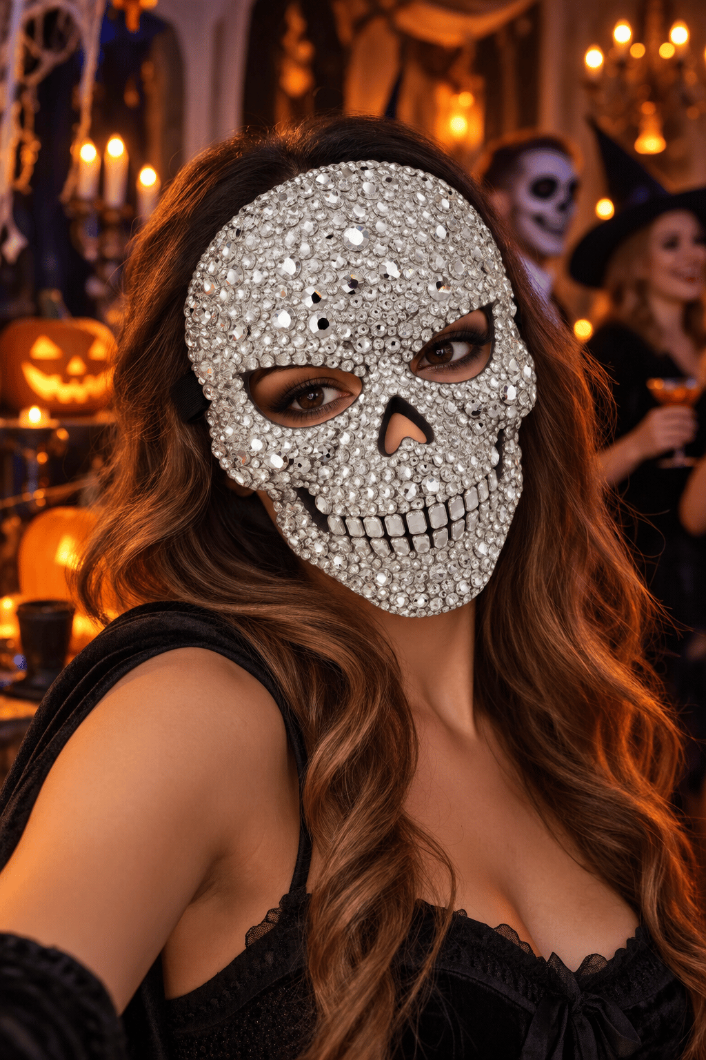 Halloween Taşlı Lüx Kuru Kafa Maskesi Cadılar Bayramı