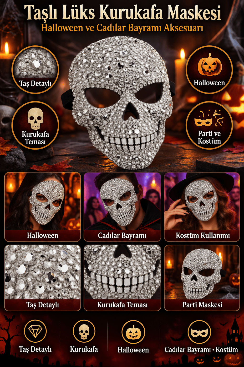 Halloween Taşlı Lüx Kuru Kafa Maskesi Cadılar Bayramı