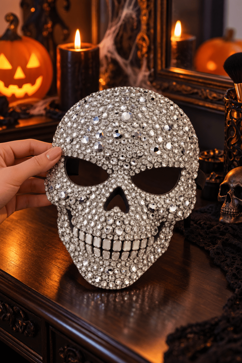 Halloween Taşlı Lüx Kuru Kafa Maskesi Cadılar Bayramı