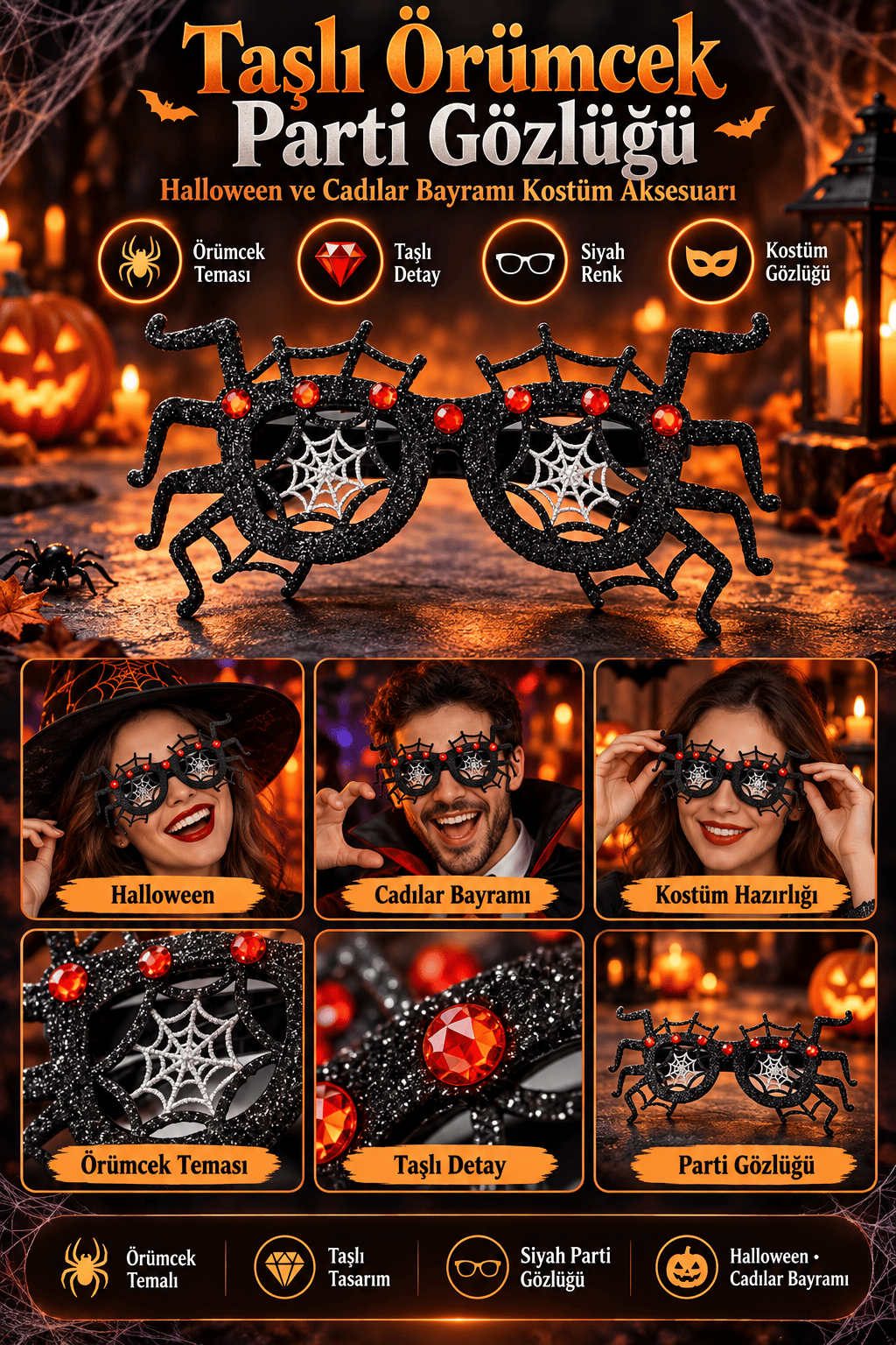 Halloween Taşlı Örümcek Parti Gözlüğü siyah Cadılar Bayramı
