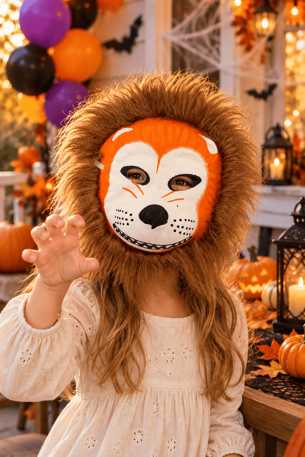Halloween Turuncu Çocuk Hayvan Maskesi Tüylü Lastikli Safari Kostüm Maskesi