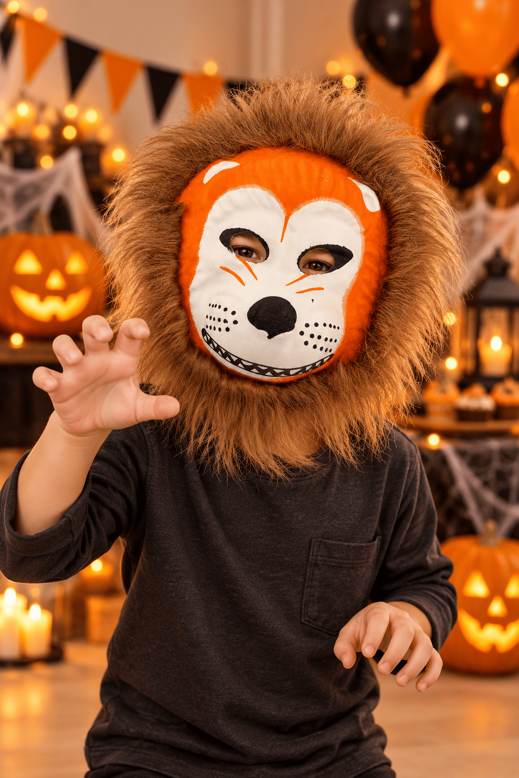 Halloween Turuncu Çocuk Hayvan Maskesi Tüylü Lastikli Safari Kostüm Maskesi