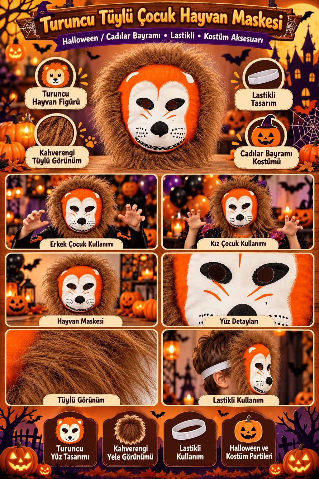 Halloween Turuncu Çocuk Hayvan Maskesi Tüylü Lastikli Safari Kostüm Maskesi