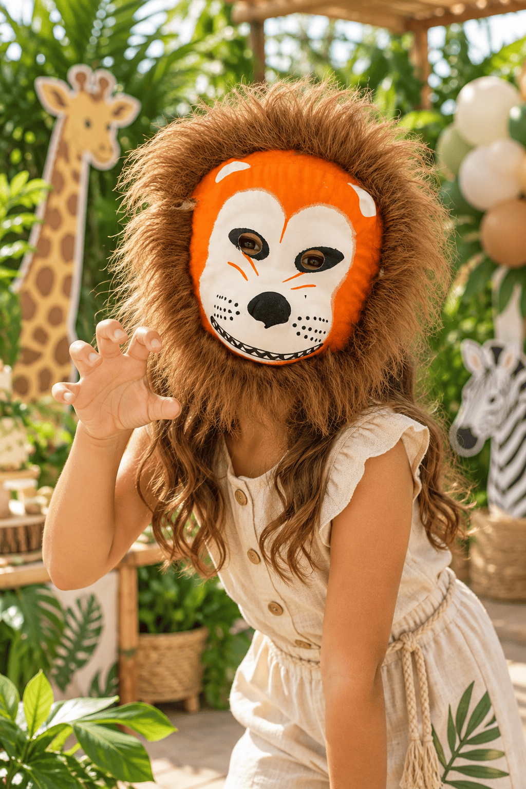 Halloween Turuncu Çocuk Hayvan Maskesi Tüylü Lastikli Safari Kostüm Maskesi