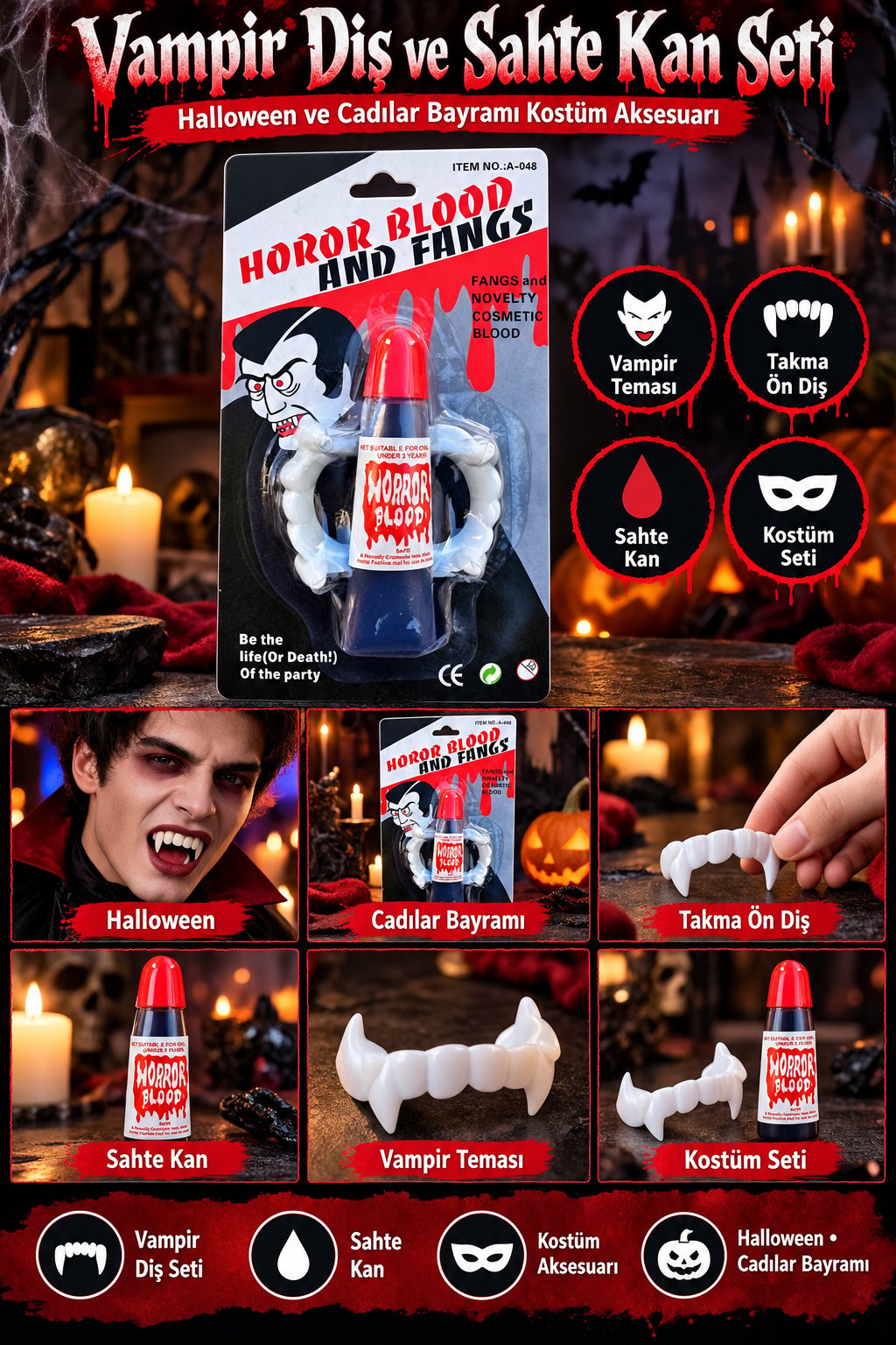 Halloween Vampir Diş Seti + Sahte Kan Takma Ön Diş cadılar bayramı