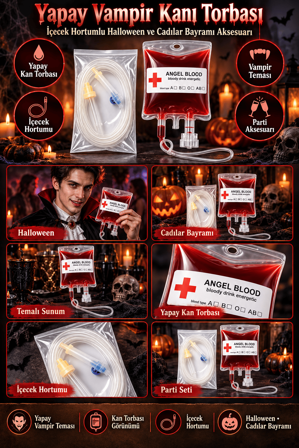 Halloween Vampir Kanı Torbası ve içeçek hortumu Cadılar Bayramı