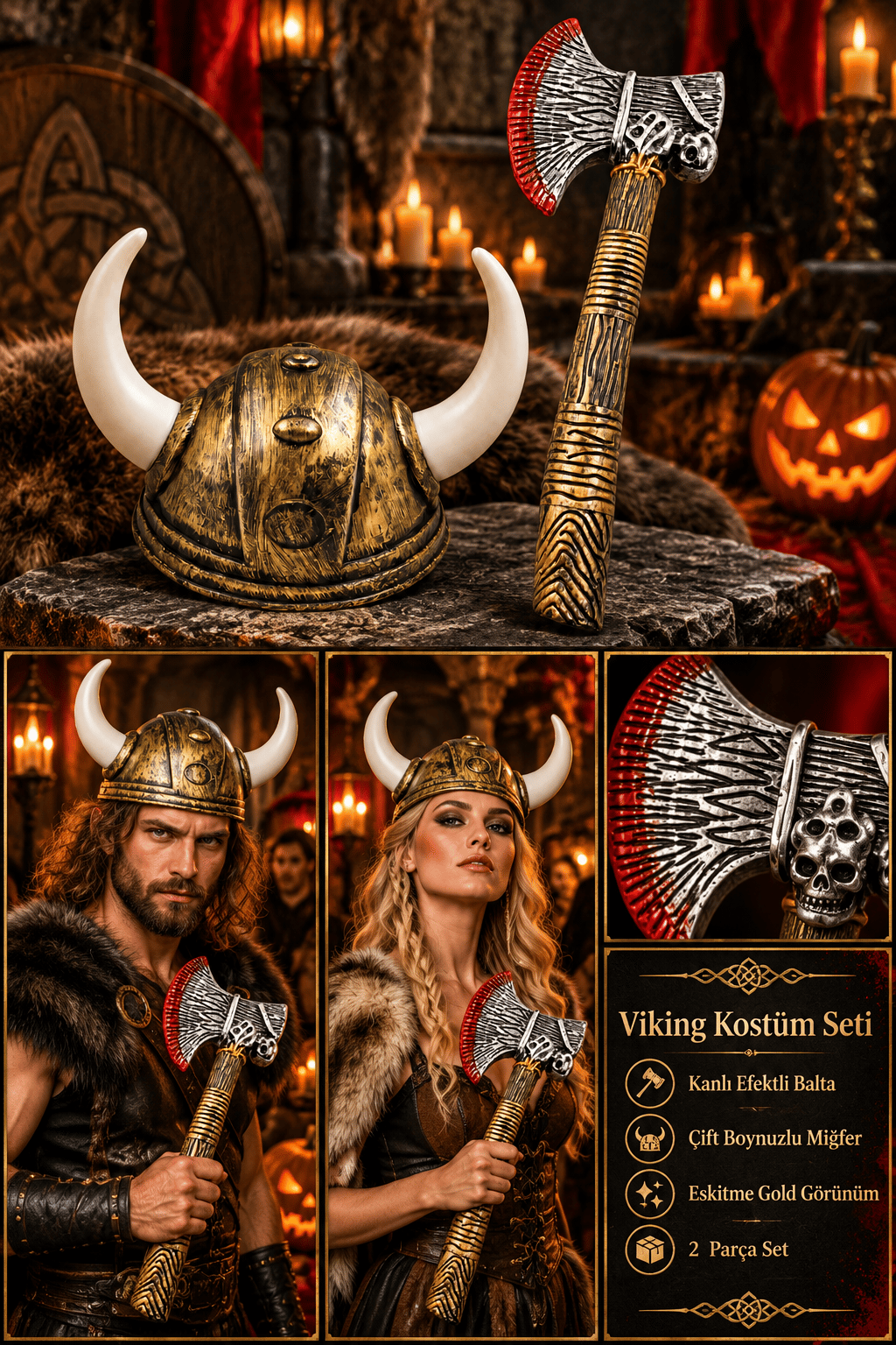 Halloween Viking Kanlı Balta ve Viking çift boynuzlu gold miğferi