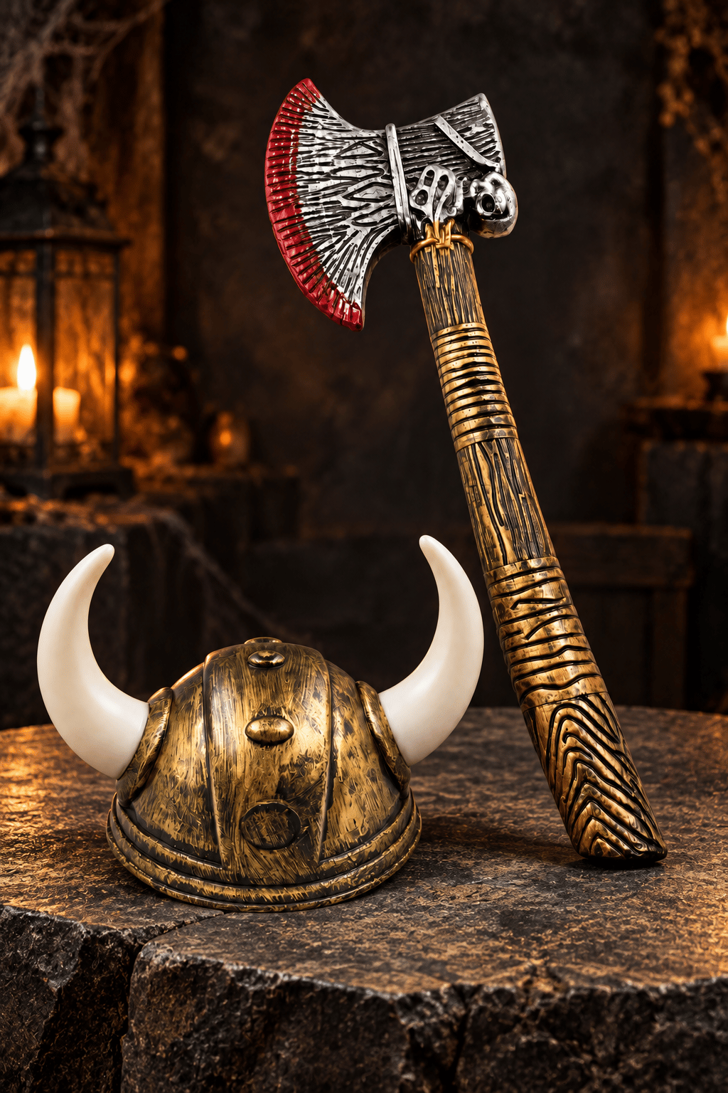 Halloween Viking Kanlı Balta ve Viking çift boynuzlu gold miğferi