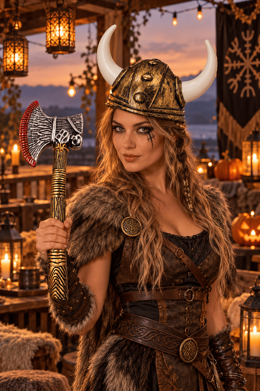 Halloween Viking Kanlı Balta ve Viking çift boynuzlu gold miğferi