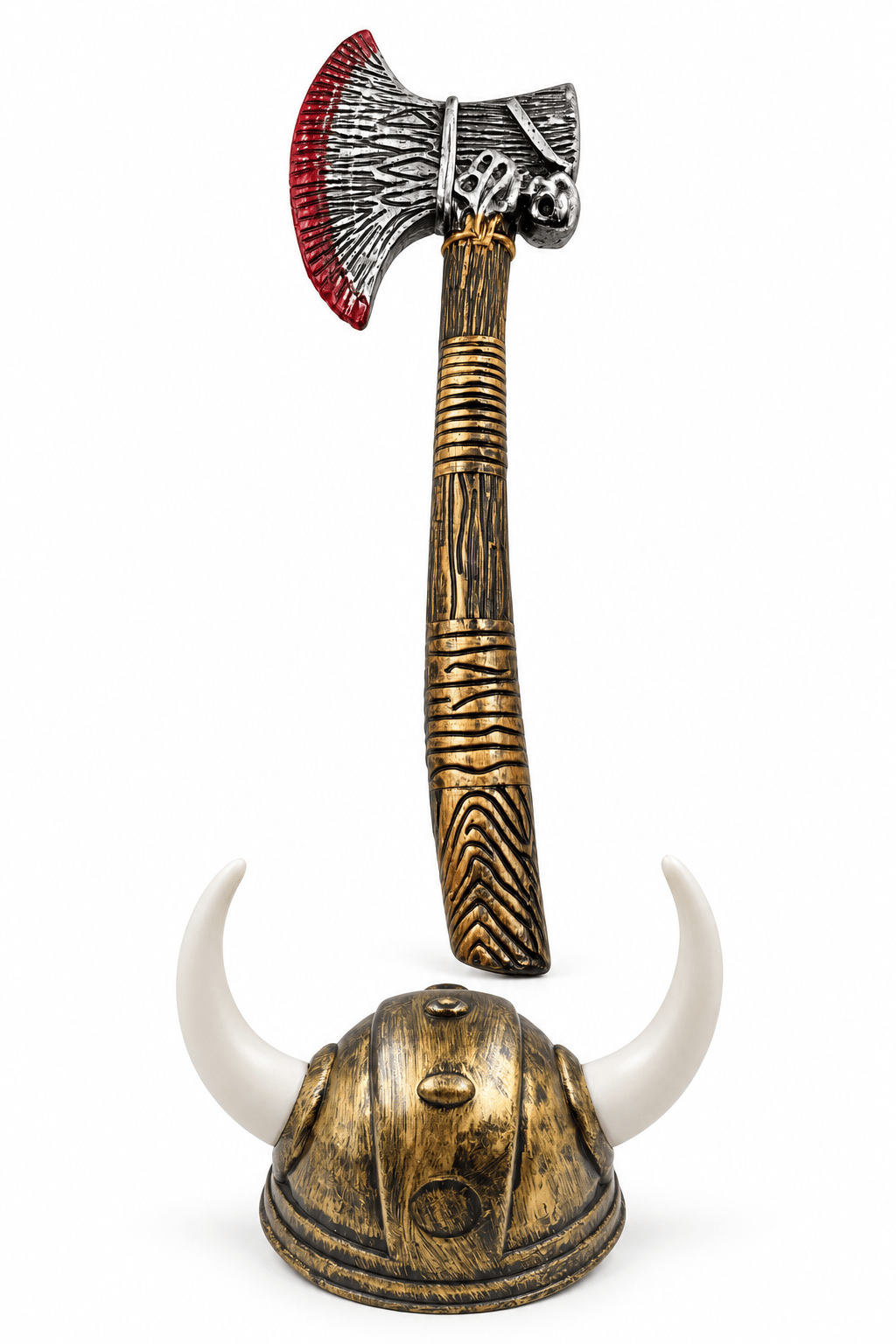 Halloween Viking Kanlı Balta ve Viking çift boynuzlu gold miğferi