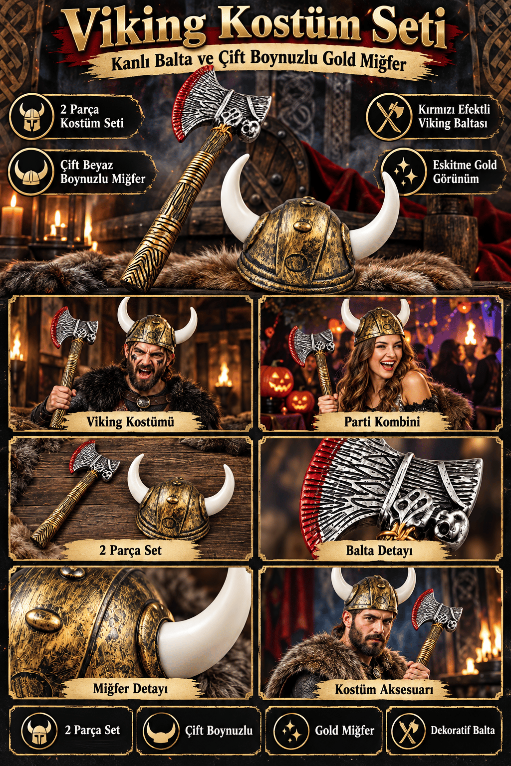 Halloween Viking Kanlı Balta ve Viking çift boynuzlu gold miğferi