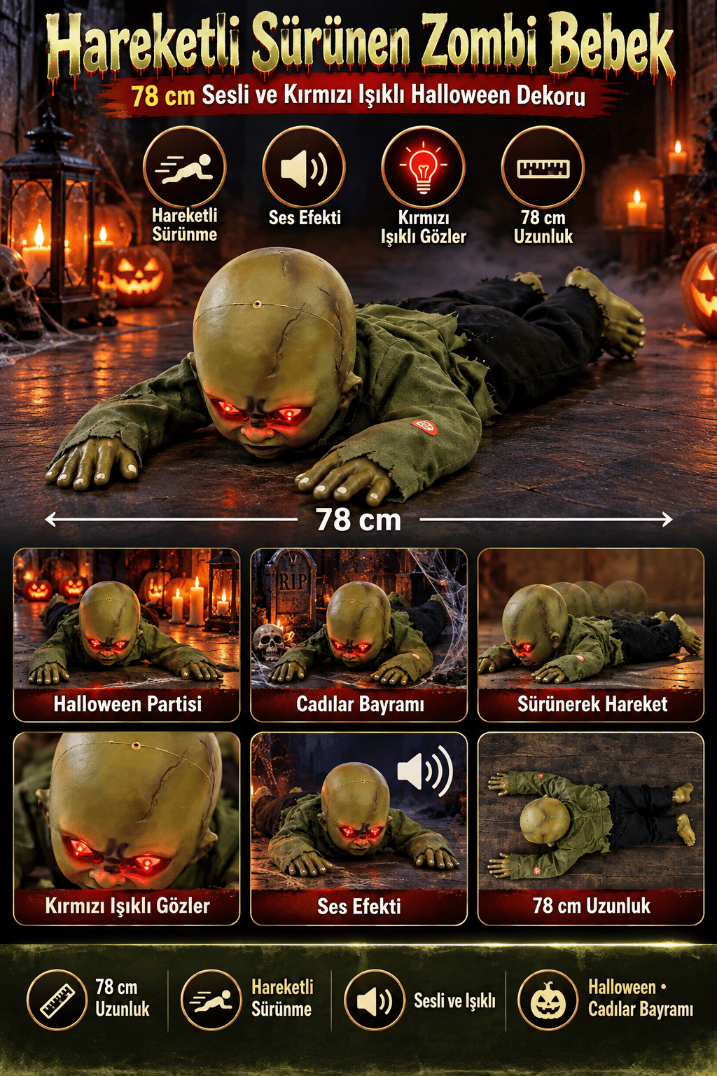 Halloween78 Cm Hareketli Sürünen Zombi Bebek Sesli Işıklı Korku Süsü