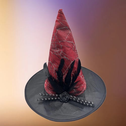 Hallowen Cadı Şapkası Çiçekli Tüylü Model Kırmızı Renkli Cadılar Bayramı Şapkası