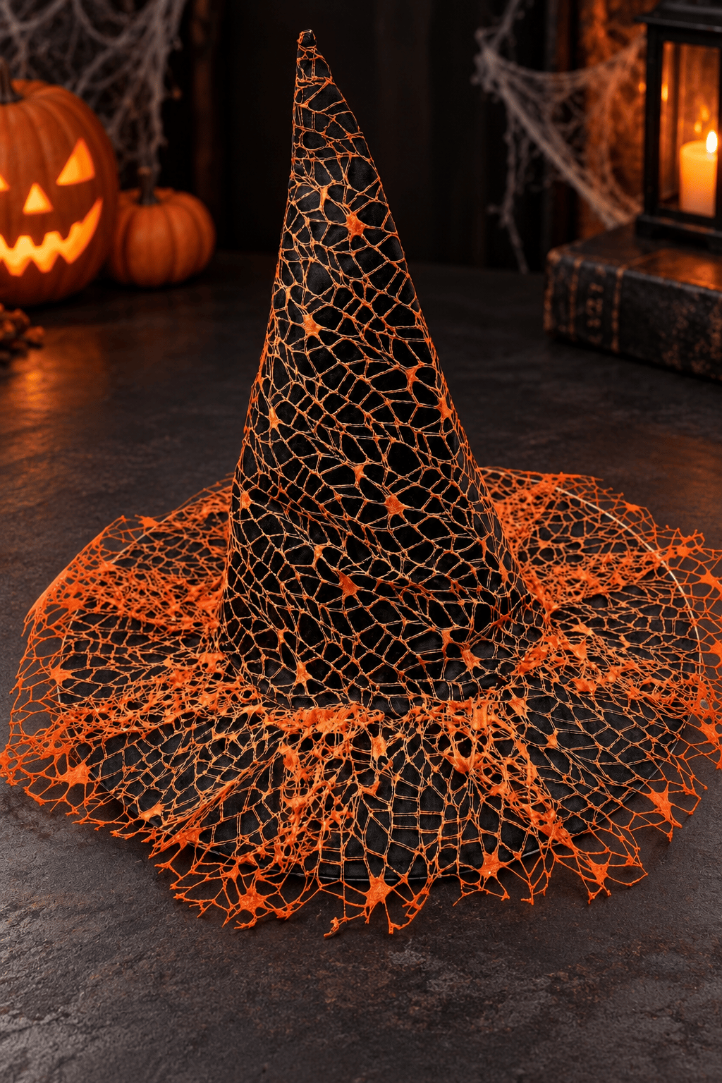 Hallowen cadı şapkası güpürlü ağlı siyah-turuncu