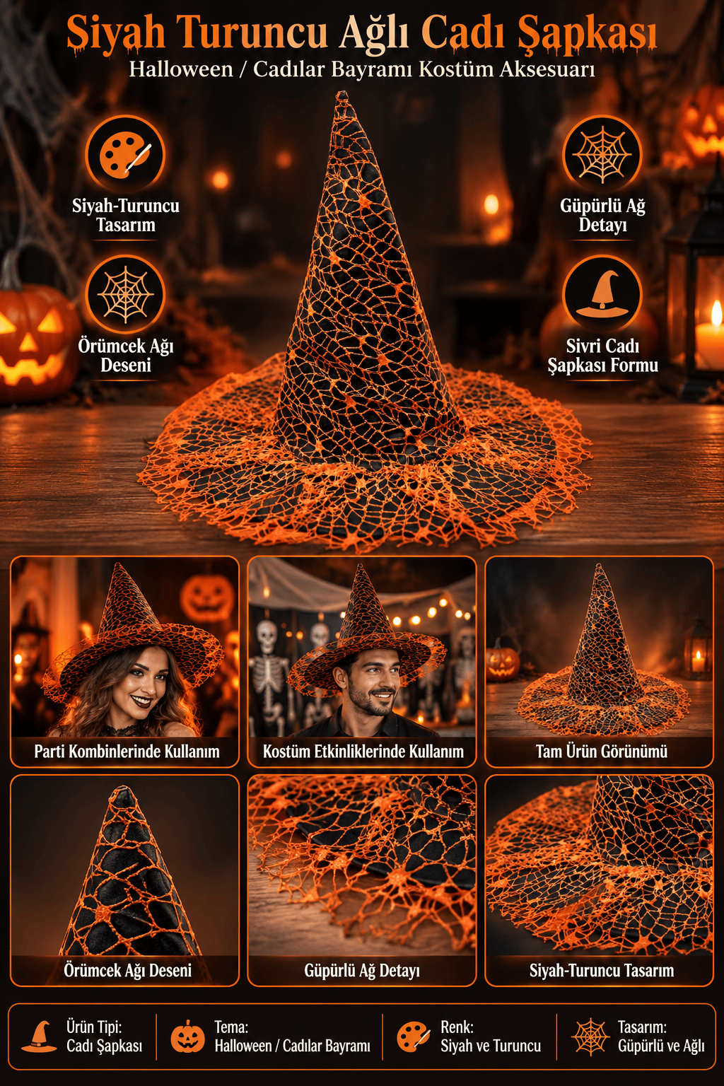 Hallowen cadı şapkası güpürlü ağlı siyah-turuncu