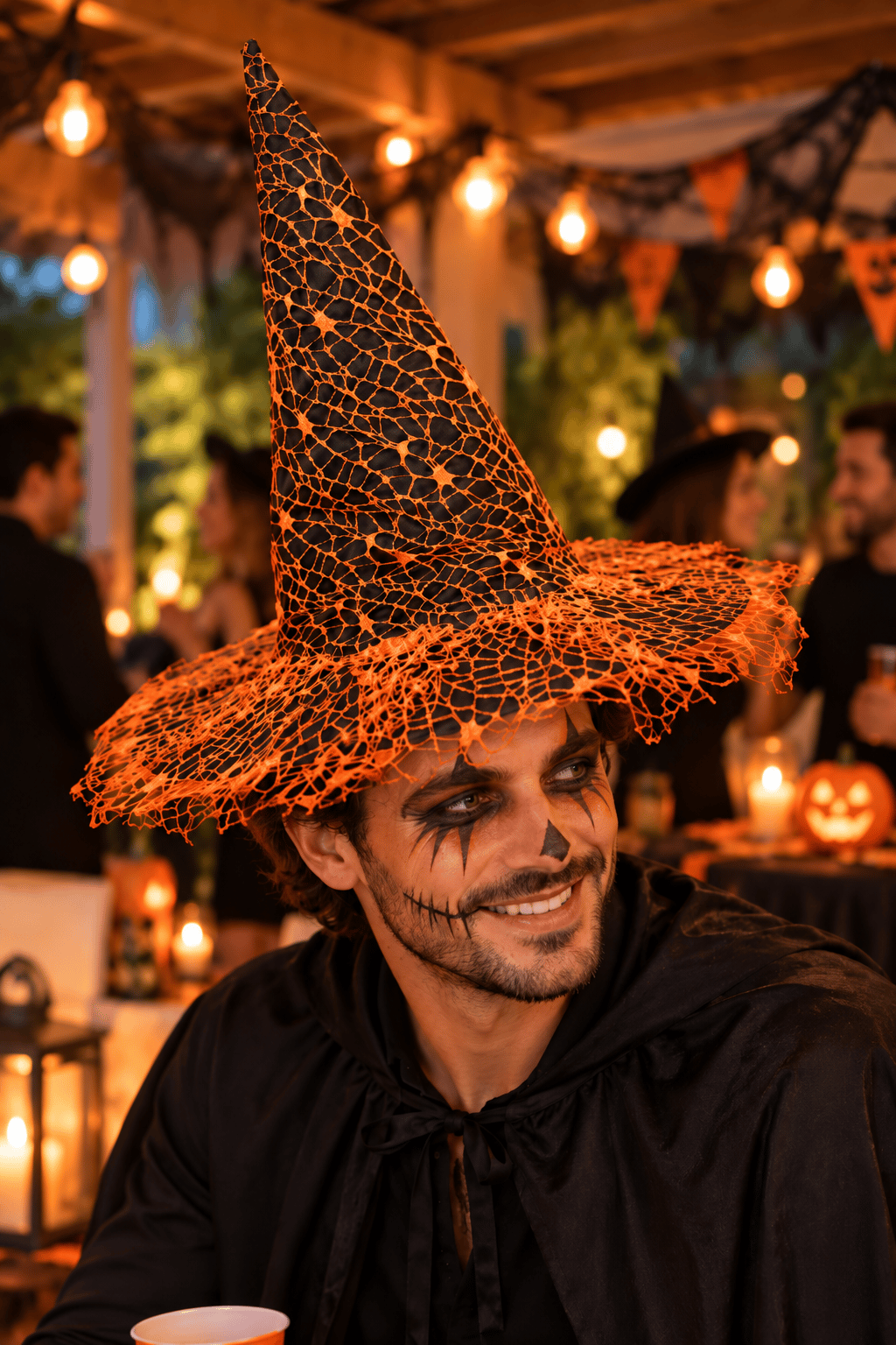 Hallowen cadı şapkası güpürlü ağlı siyah-turuncu