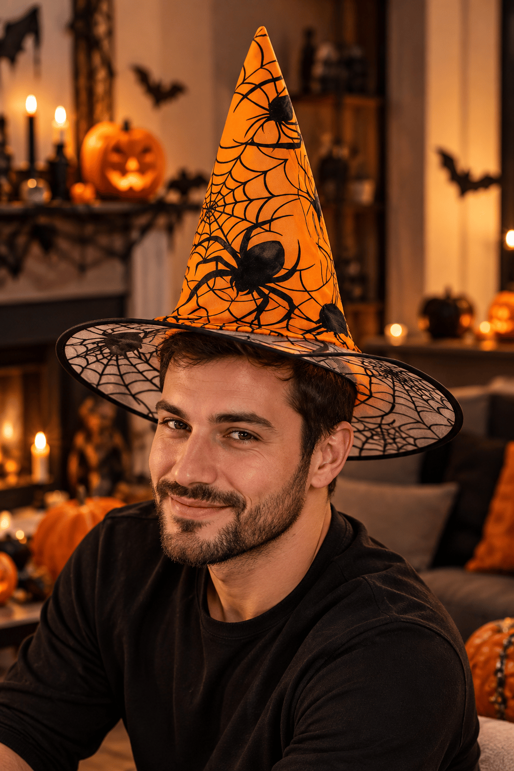 Hallowen cadı şapkası Turuncu Dev Örümcek Desenli