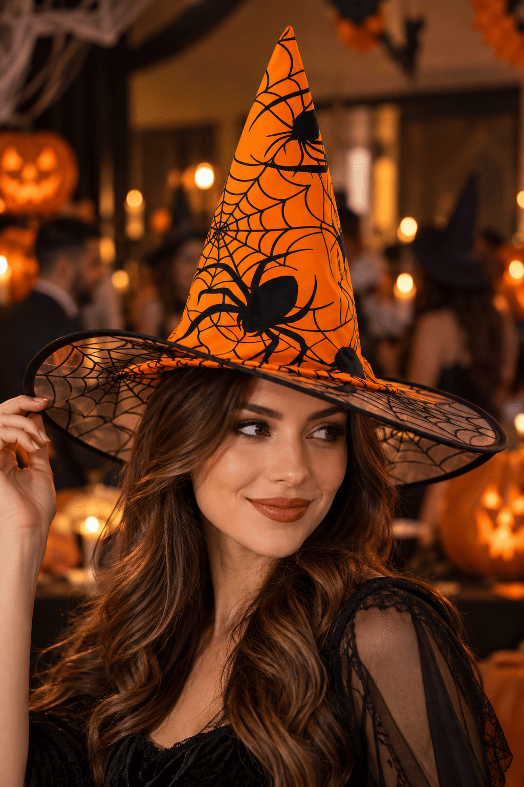 Hallowen cadı şapkası Turuncu Dev Örümcek Desenli