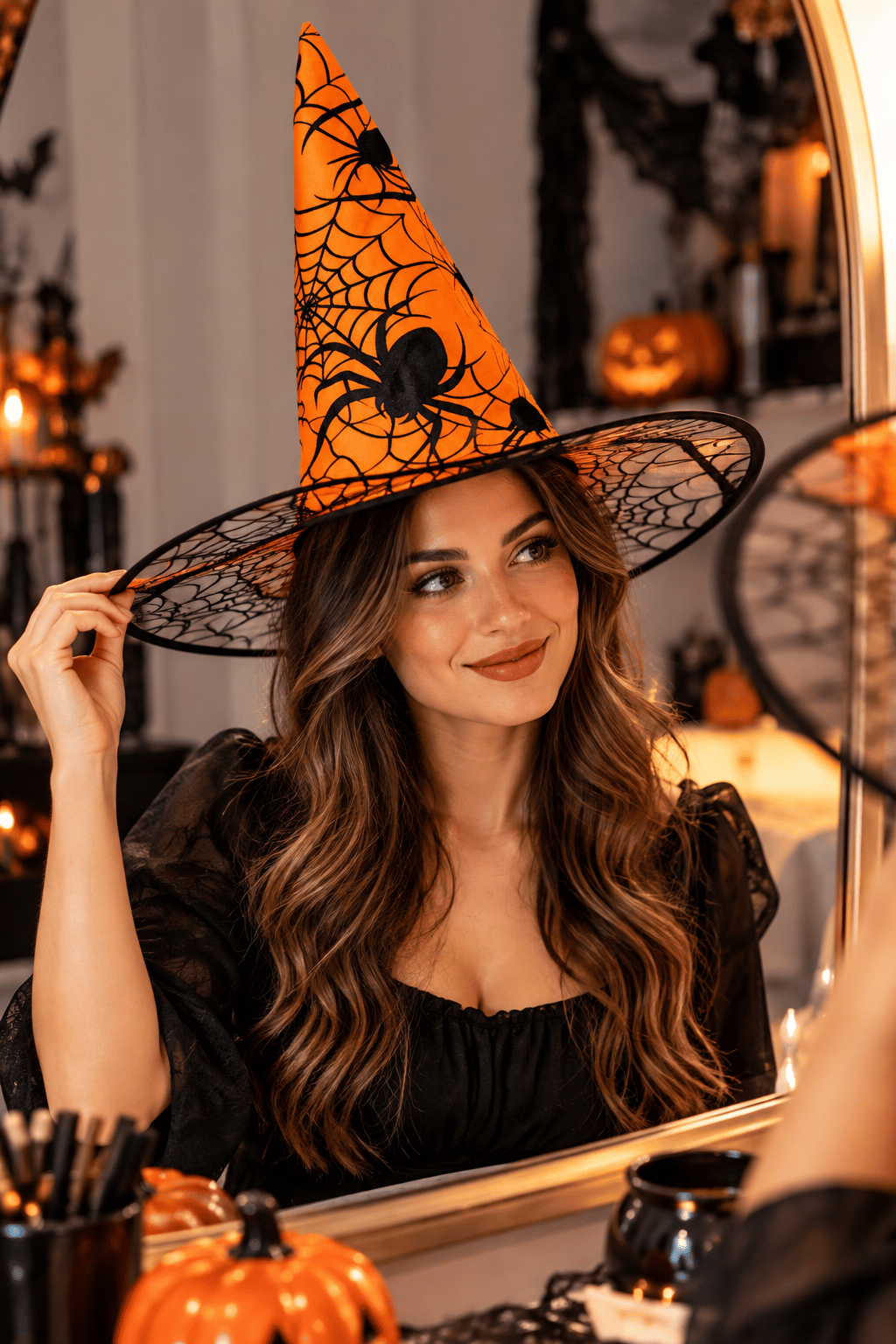 Hallowen cadı şapkası Turuncu Dev Örümcek Desenli