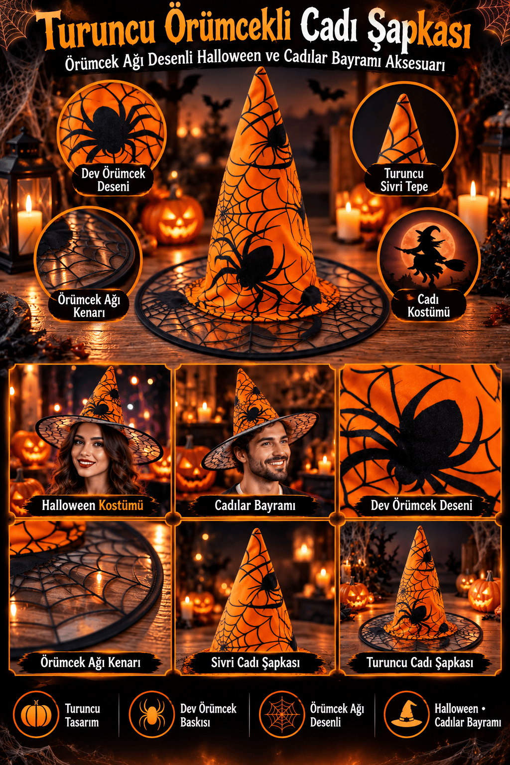Hallowen cadı şapkası Turuncu Dev Örümcek Desenli