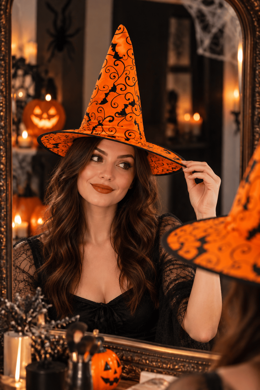 Hallowen cadı şapkası Turuncu Dev Örümcek Desenli