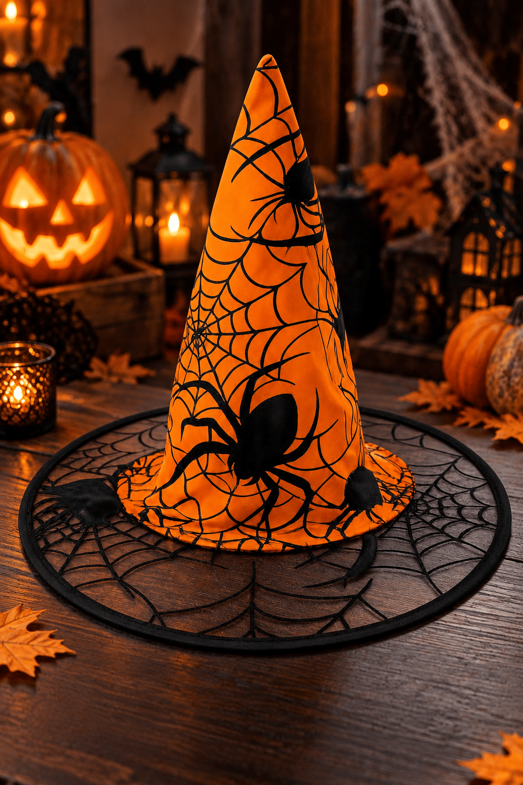 Hallowen cadı şapkası Turuncu Dev Örümcek Desenli