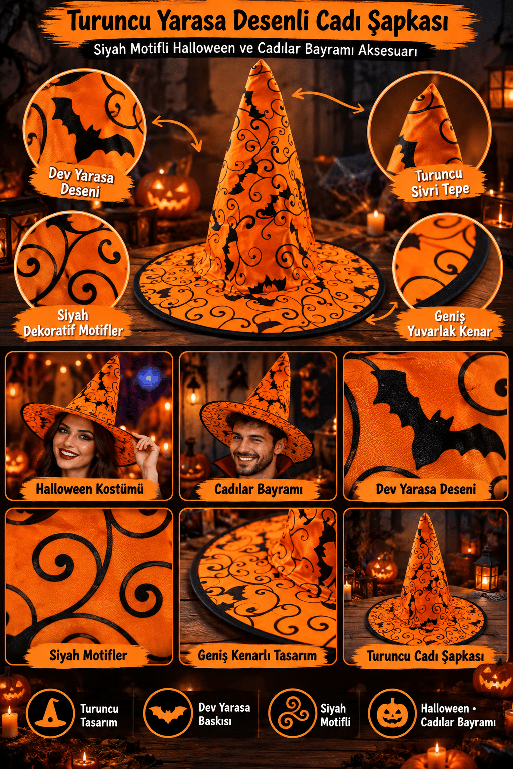 Hallowen cadı şapkası Turuncu Dev Örümcek Desenli