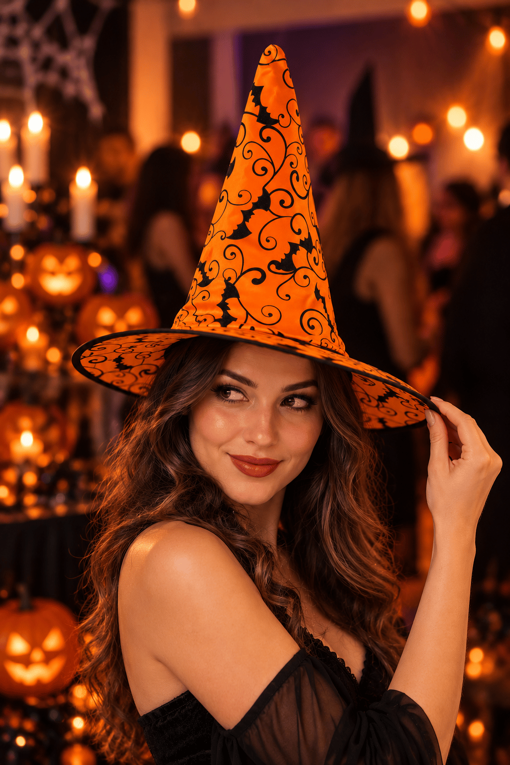 Hallowen cadı şapkası Turuncu Dev Örümcek Desenli