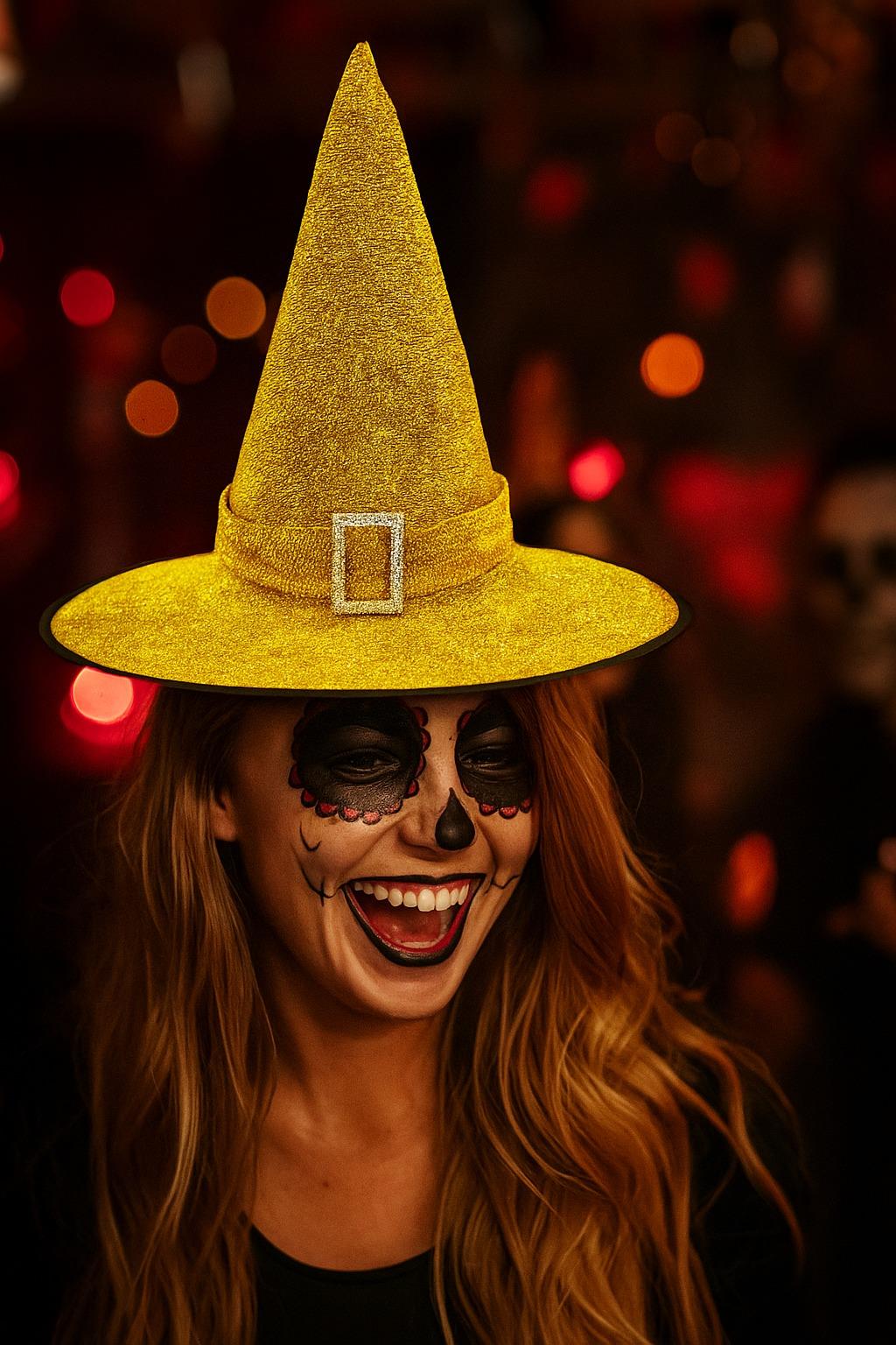 Hallowen -Cadılar Bayramı Cadı Şapkası Tokalı Kemerli Simli Gold-Altın Korku Kafa Ölçüsü 22cm Yükseklik 32cm