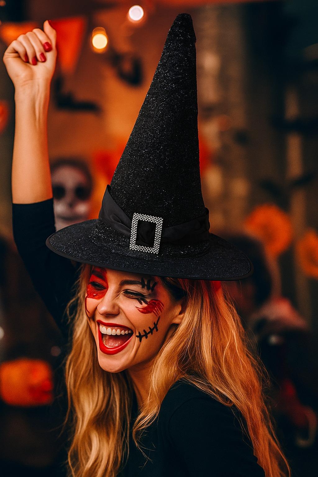Hallowen -Cadılar Bayramı Cadı Şapkası Tokalı Kemerli Simli Siyah Korku Kafa Ölçüsü 22cm Yükseklik 32cm