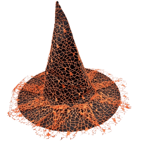 Hallowen Cadılar Bayramı Cadı Şapkası Güpürlü Örümcek Ağlı Siyah-Turuncu  Kafa çap 22cm x Uzunluk 32cm Korku