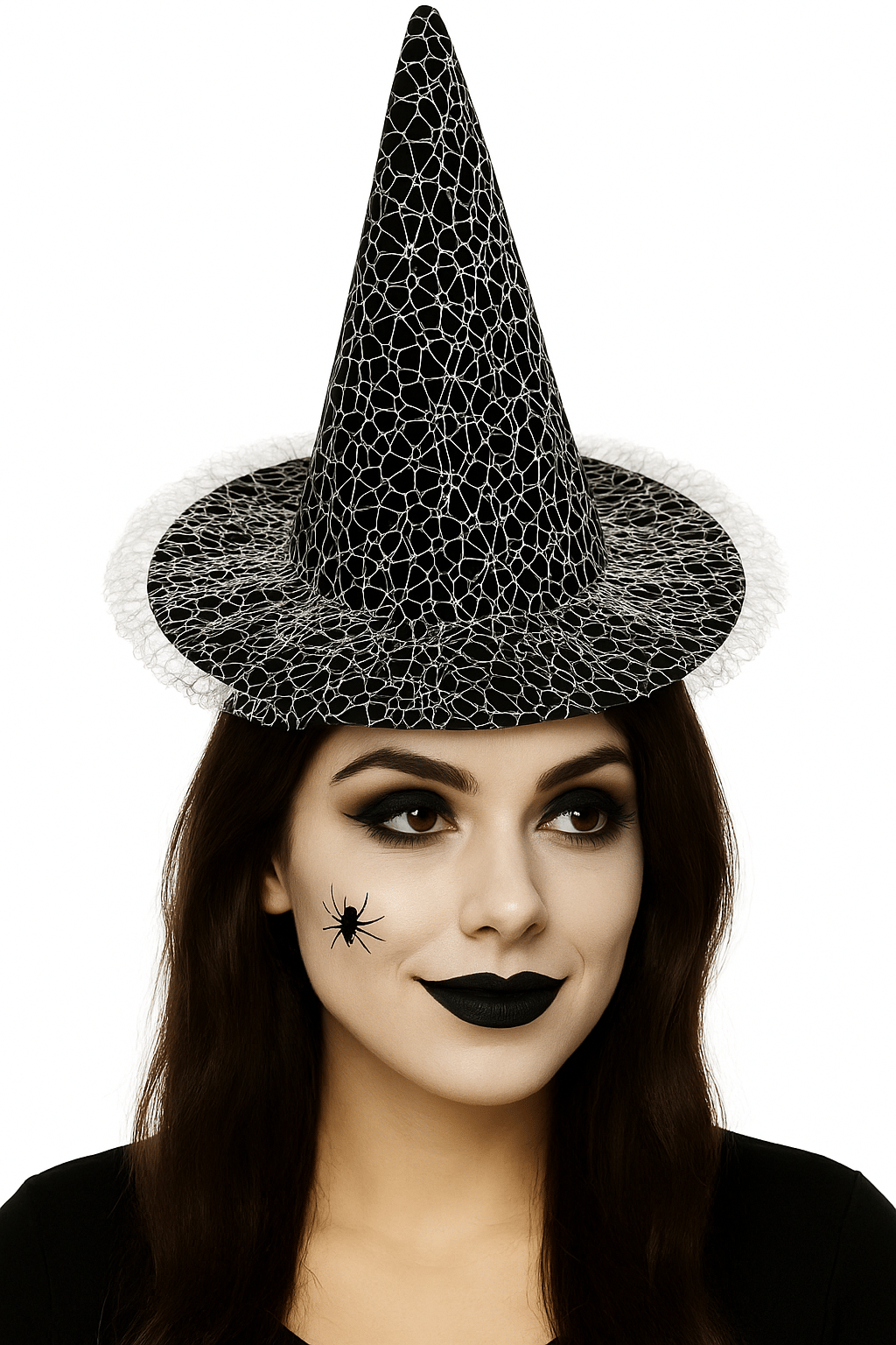 Hallowen Cadılar Bayramı Cadı Şapkası Güpürlü  Örümcek Ağlı Siyah-Beyaz  Kafa çap 22cm x Uzunluk 32cm Korku 
