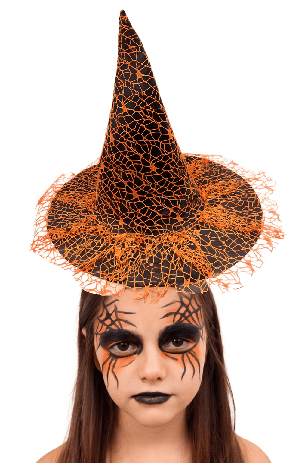 Hallowen Cadılar Bayramı Cadı Şapkası Güpürlü Örümcek Ağlı Siyah-Turuncu  Kafa çap 22cm x Uzunluk 32cm Korku
