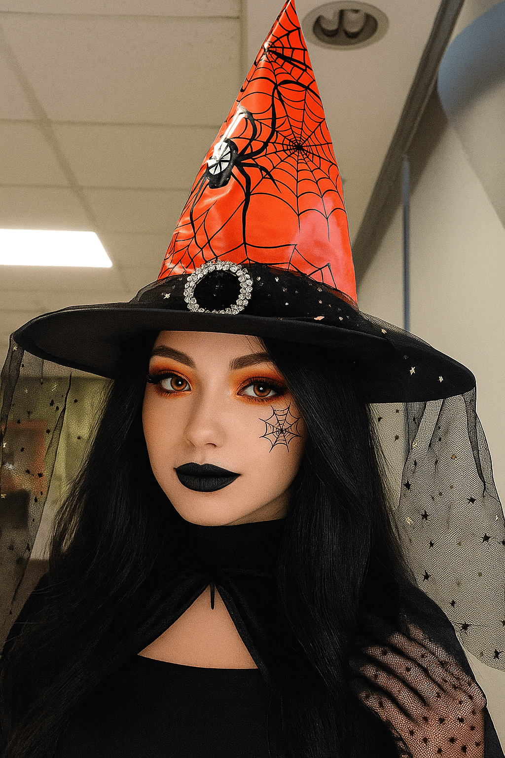 Hallowen Cadılar Bayramı Cadı Şapkası Tokalı Tüllü Turuncu Siyah Örümcek ve Ağ Desenli Korku Şapkası