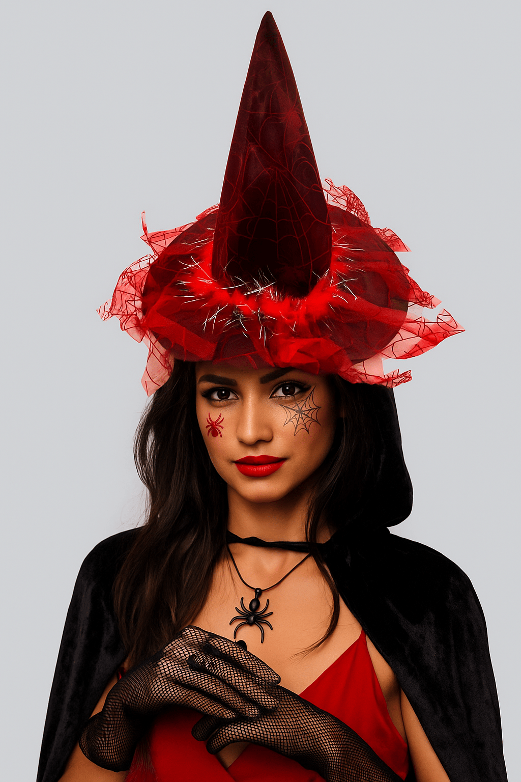 Hallowen Cadılar Bayramı Cadı Şapkası Örümcek Ağı Baskılı Tüylü Simli Kırmızı Parti Kostümü