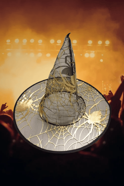 Hallowen -Cadılar Bayramı Cadı Şapkası Örümcek Desenli Transparan Gold-Kafa Çap 22cm uzunluk 32cm