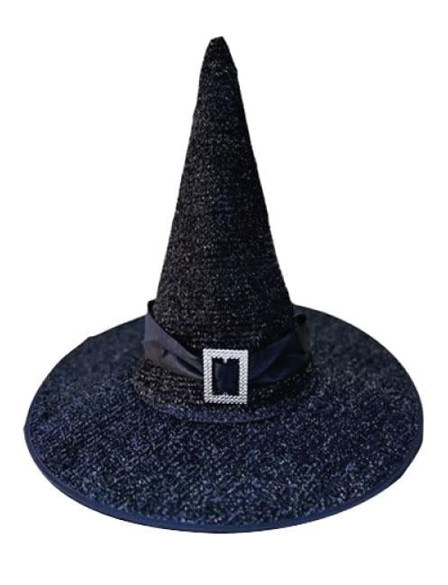 Hallowen -Cadılar Bayramı Cadı Şapkası Tokalı Kemerli Simli Siyah Korku Kafa Ölçüsü 22cm Yükseklik 32cm