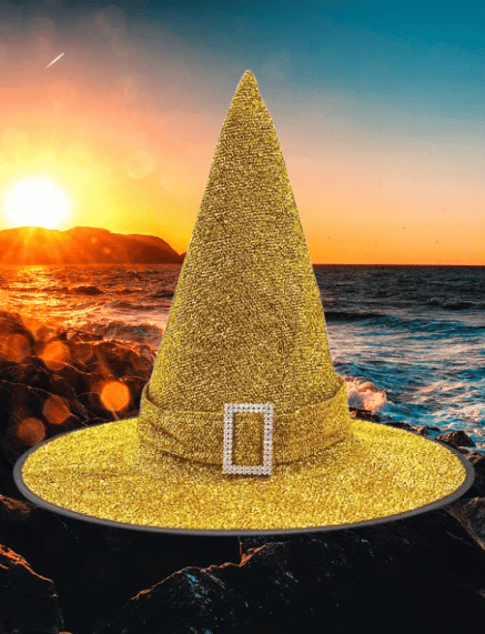 Hallowen -Cadılar Bayramı Cadı Şapkası Tokalı Kemerli Simli Gold-Altın Korku Kafa Ölçüsü 22cm Yükseklik 32cm