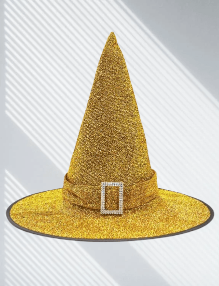Hallowen -Cadılar Bayramı Cadı Şapkası Tokalı Kemerli Simli Gold-Altın Korku Kafa Ölçüsü 22cm Yükseklik 32cm